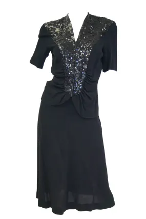 1940s Black Crepe and Sequin Cocktail Skirt and Blouse Set