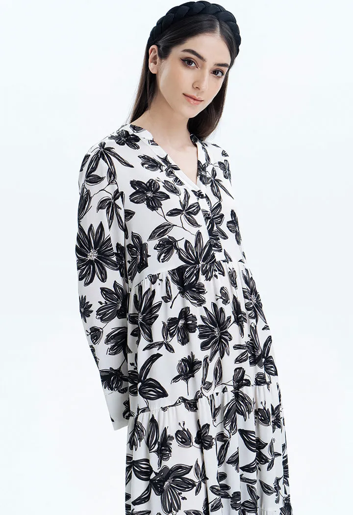 Allover Contrast Printed Tiered Flared Dress