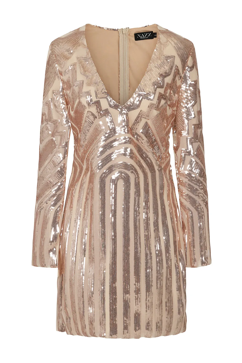 Ashanti Geometric Nude Mesh & Rose Gold Sequin Long Sleeve Mini Bodycon Dress