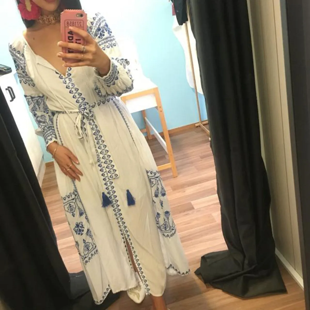 Bahia Maxi Dress White With Blue Embroidery Long Puffed Peasant Sleeves Embroidered Pockets Bohemian Tassel Ties Available In Small Medium Large Or XL