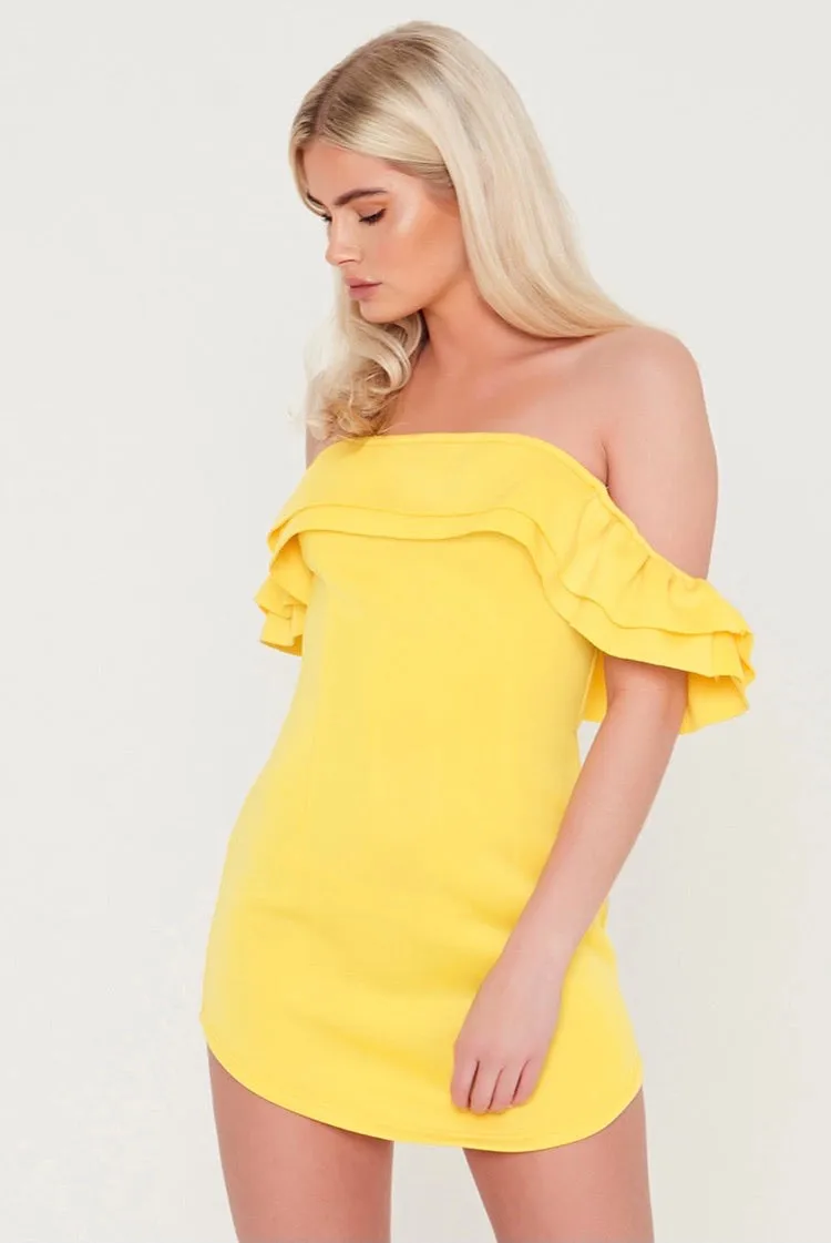 Bardot Ruffle Premium Scuba Yellow  Mini Dress