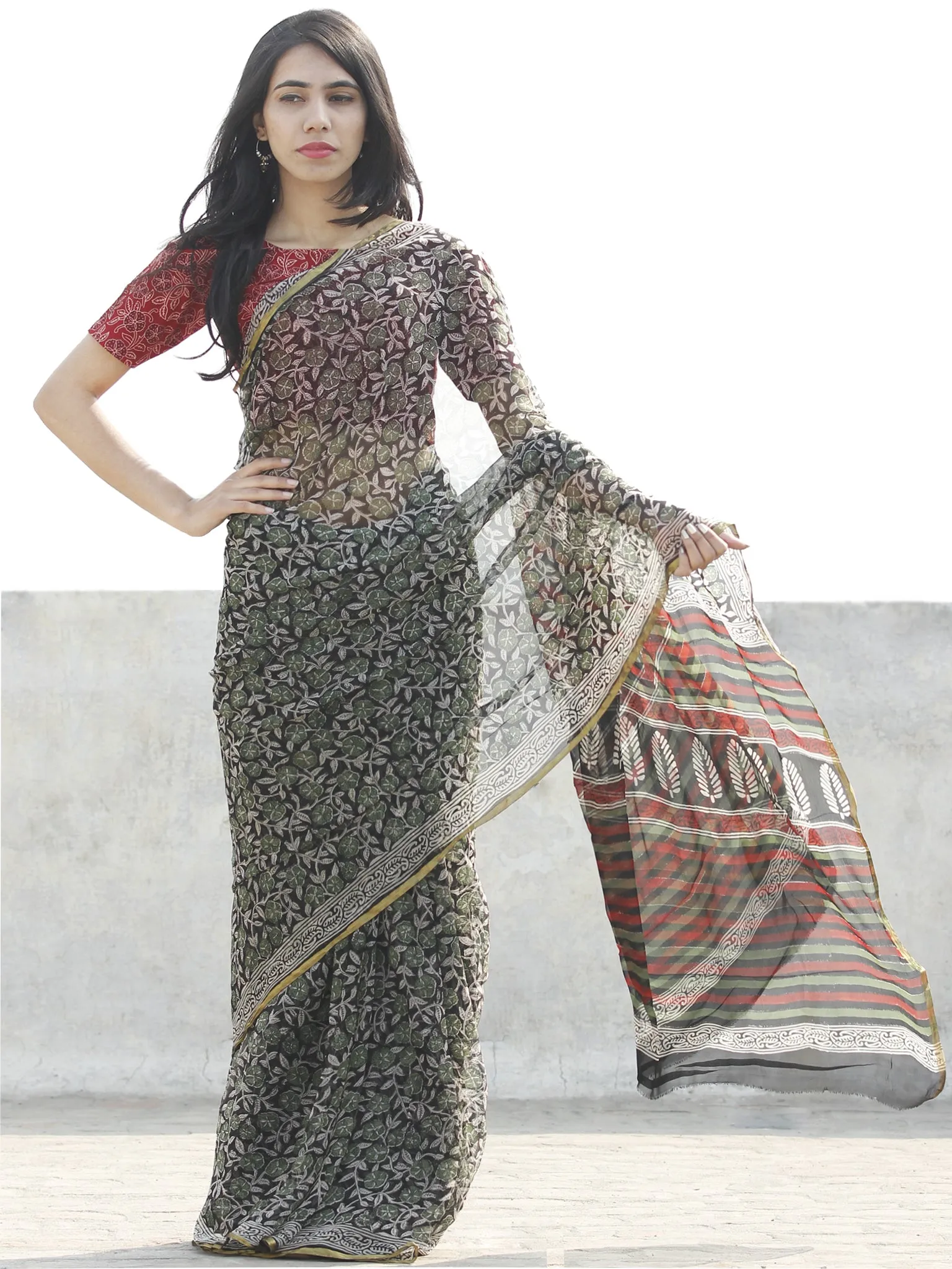 Beige Black Green Hand Block Printed Chiffon Saree with zari border- S031702661