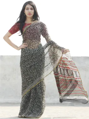 Beige Black Green Hand Block Printed Chiffon Saree with zari border- S031702661