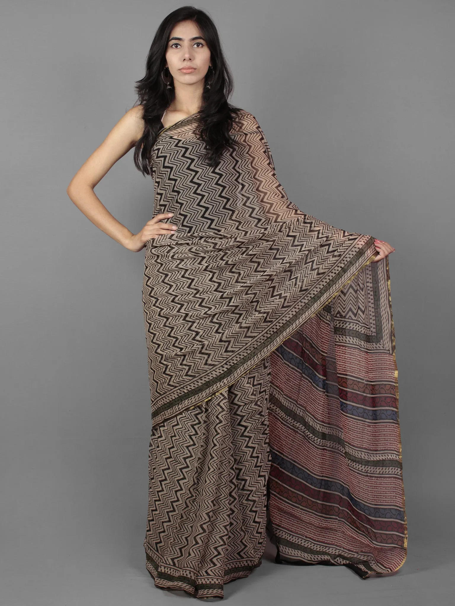 Beige Black Maroon Hand Block Printed Chiffon Saree - S031701885