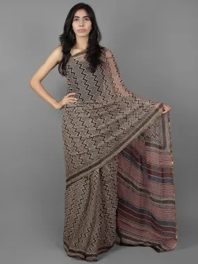 Beige Black Maroon Hand Block Printed Chiffon Saree - S031701885