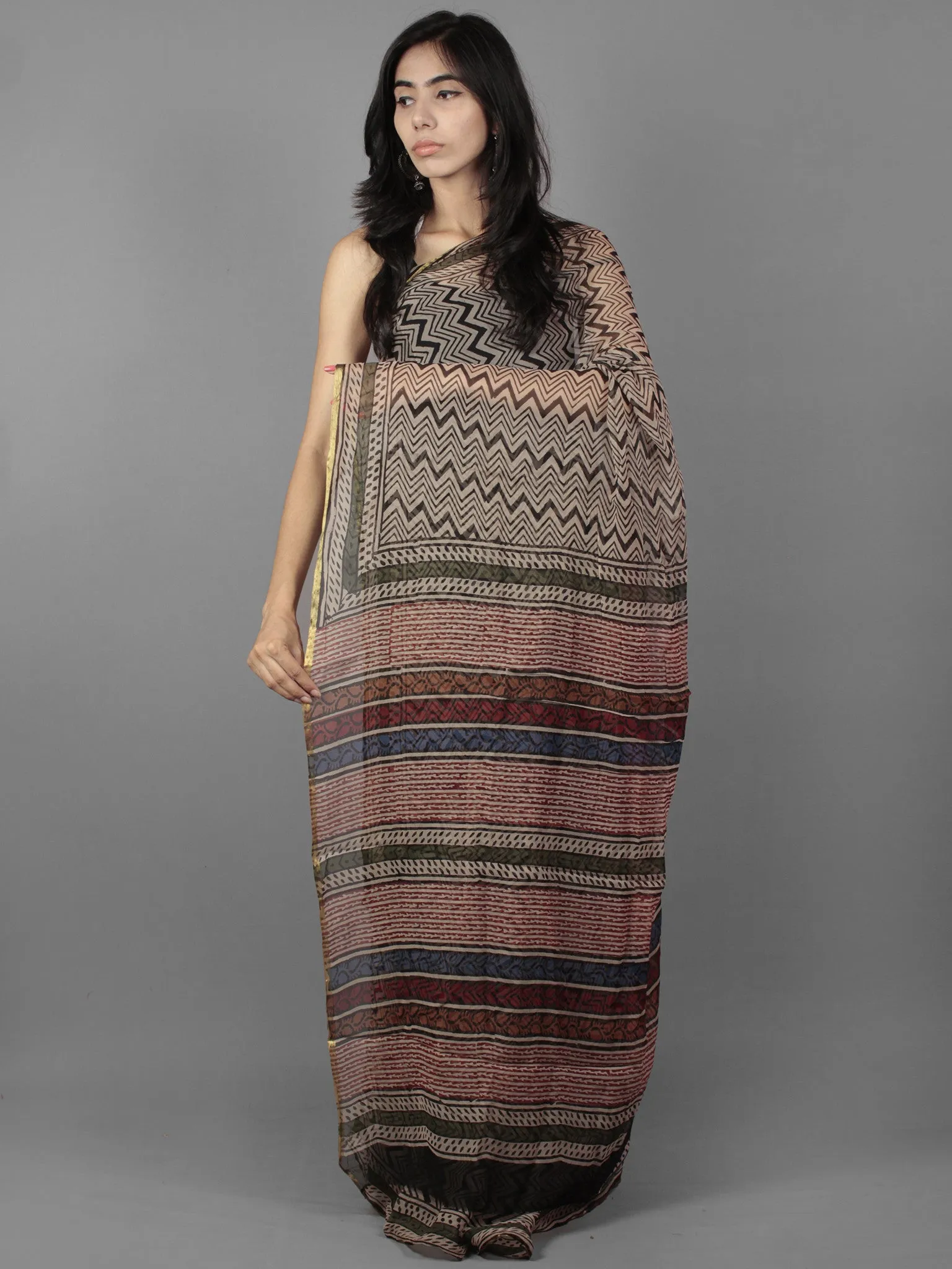 Beige Black Maroon Hand Block Printed Chiffon Saree - S031701885