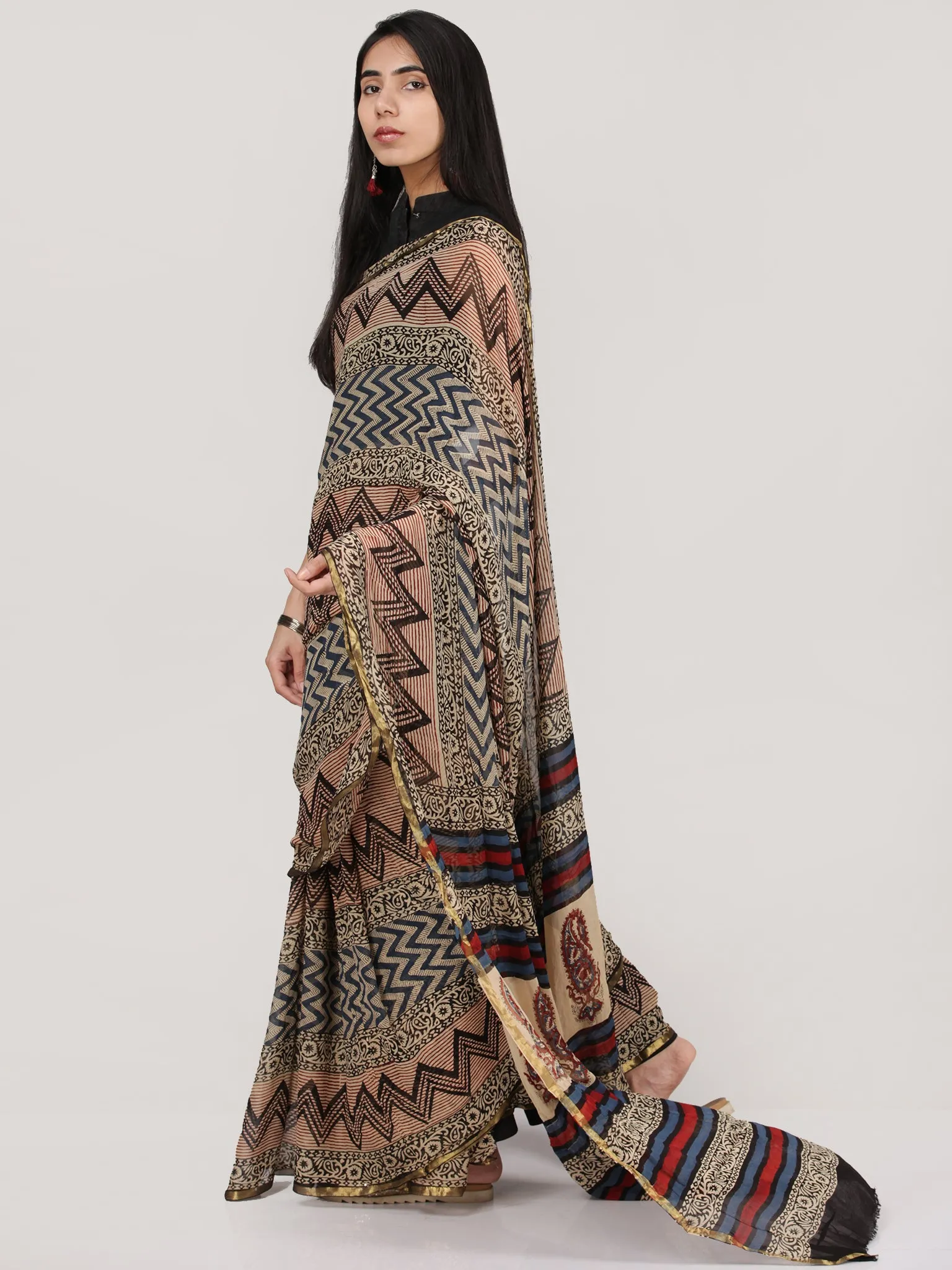 Beige Black Red Hand Block Printed Chiffon Saree With Zari Border - S031704693