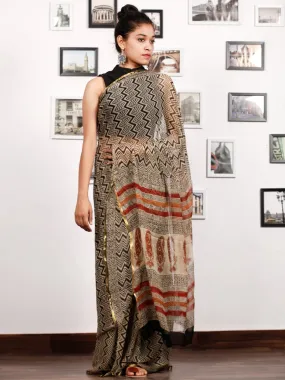 Beige Black Rust Hand Block Printed Chiffon Saree with Zari Border - S031703182