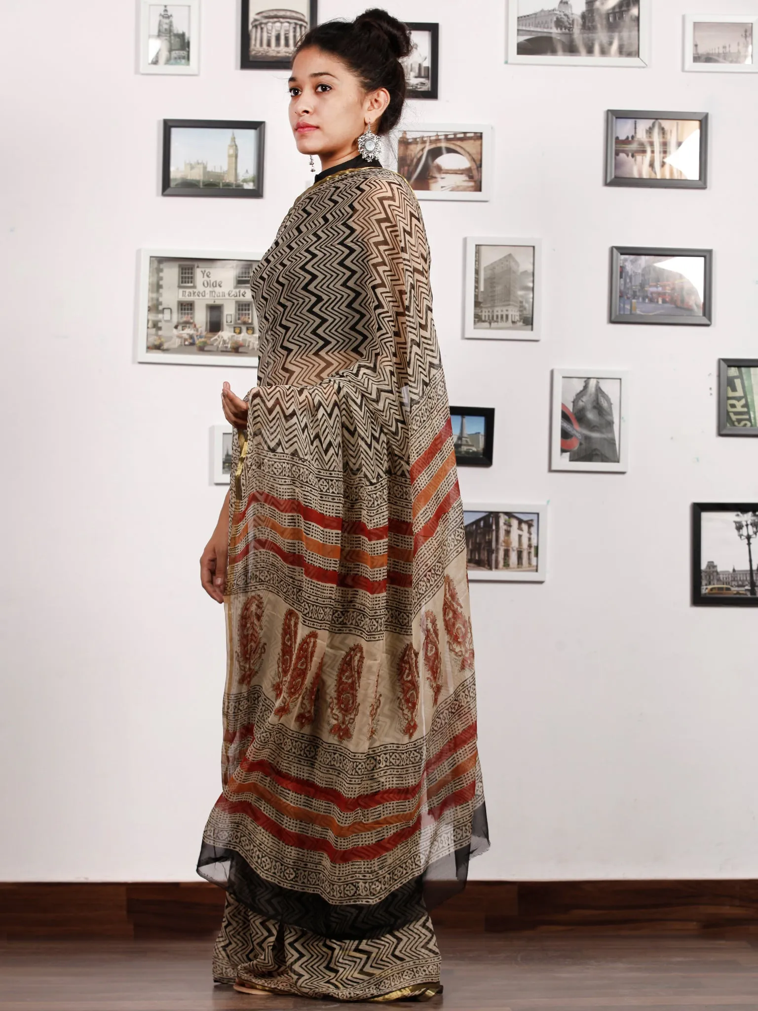 Beige Black Rust Hand Block Printed Chiffon Saree with Zari Border - S031703182