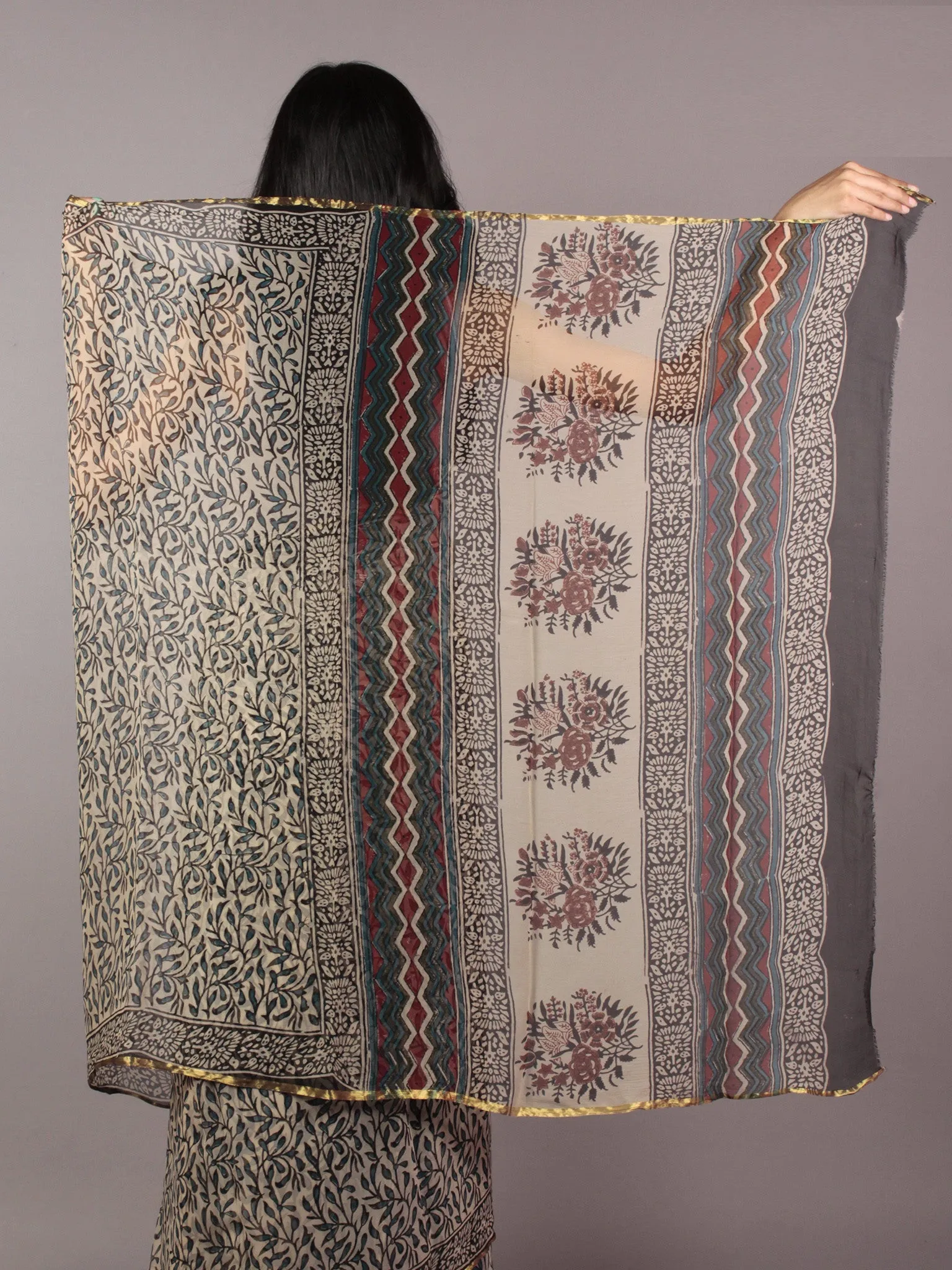 Beige Blue Black Red Hand Block Printed Chiffon Saree - S031701851