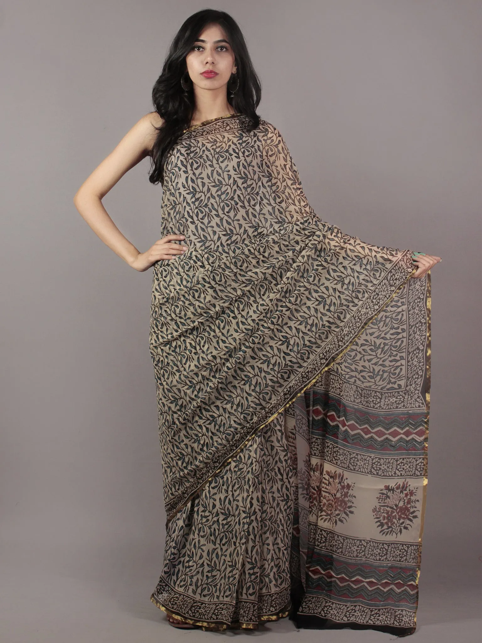 Beige Blue Black Red Hand Block Printed Chiffon Saree - S031701851