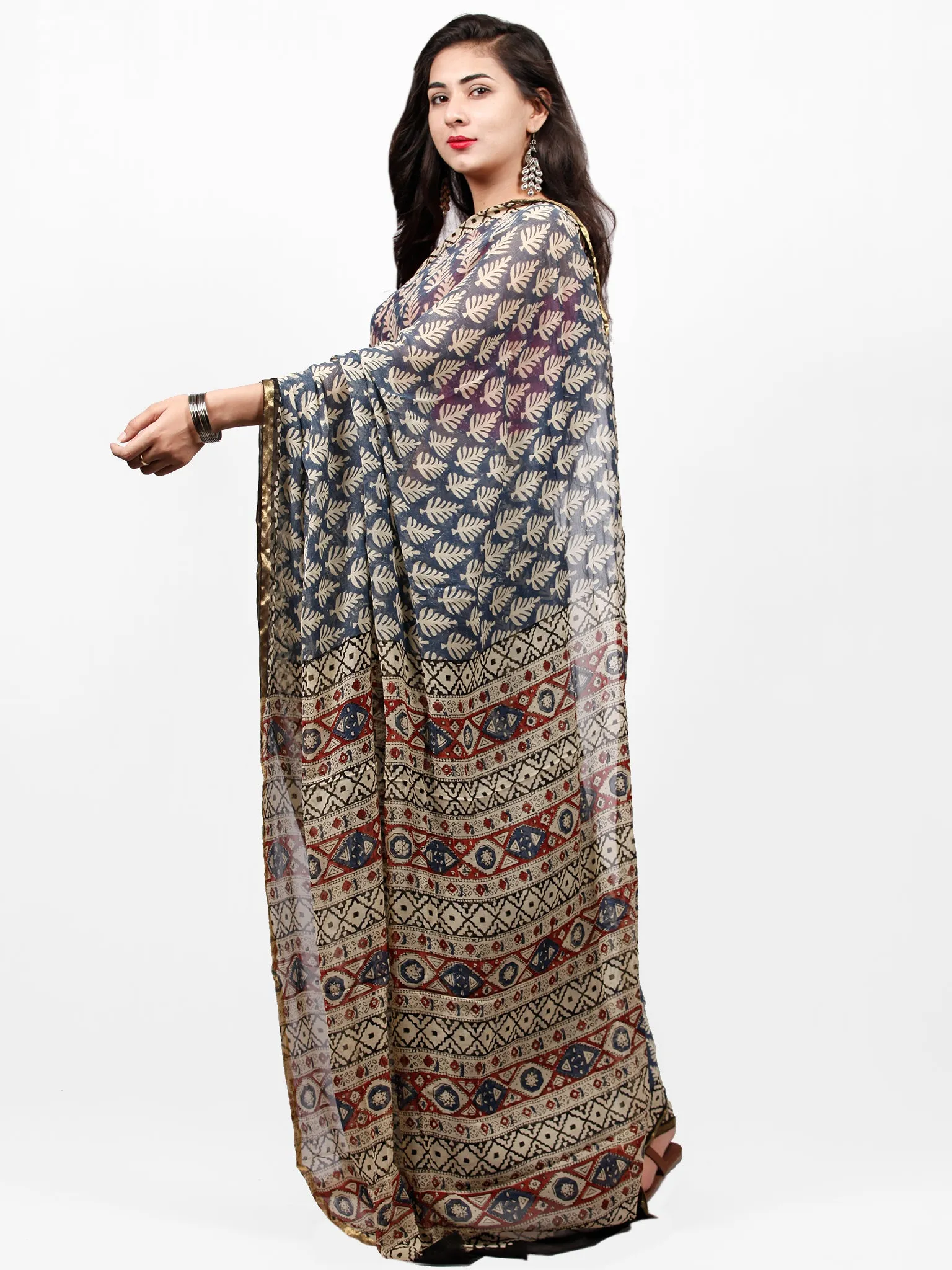 Beige Indigo Maroon Hand Block Printed Chiffon Saree with Zari Border - S031703260