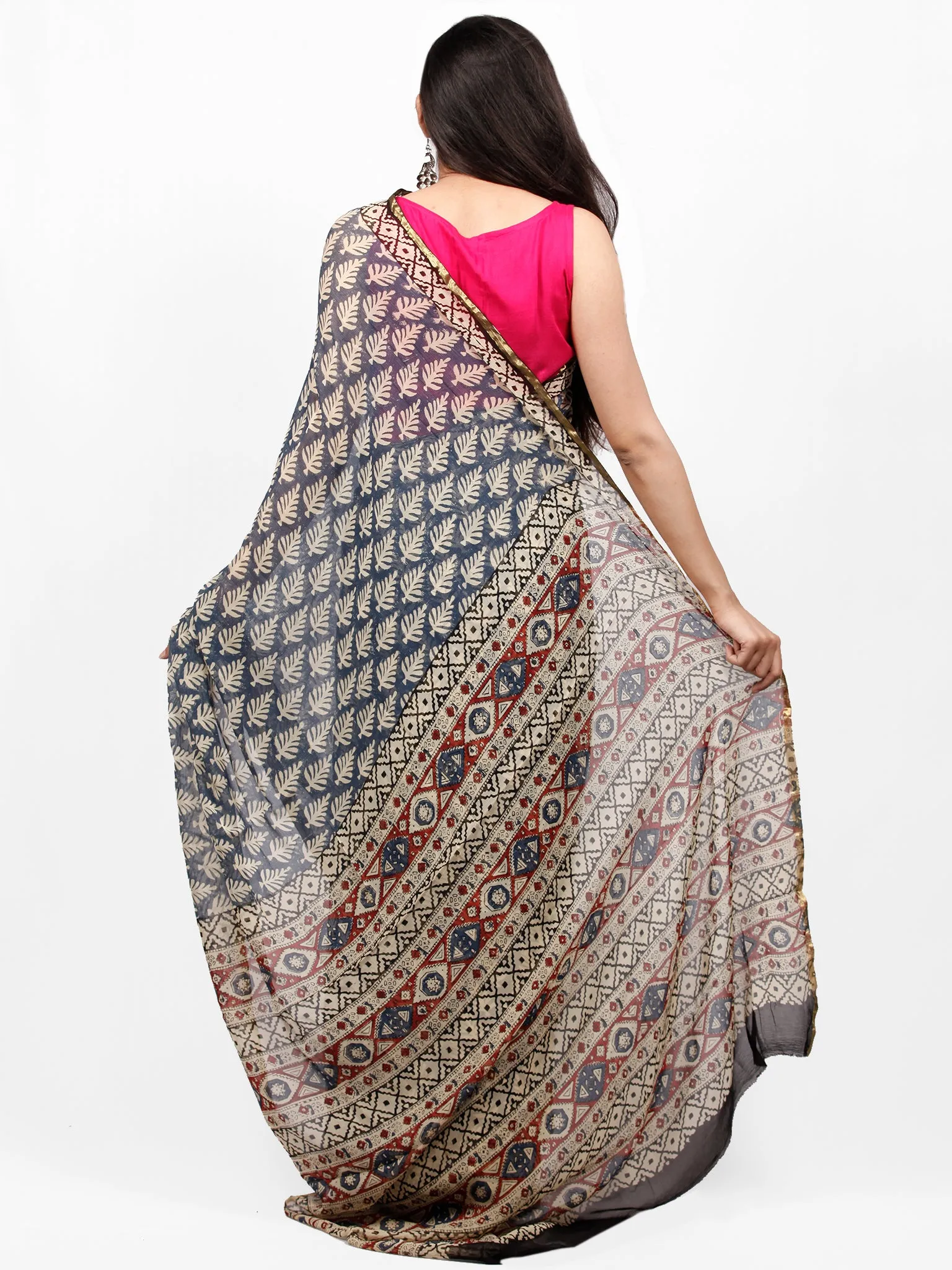 Beige Indigo Maroon Hand Block Printed Chiffon Saree with Zari Border - S031703260