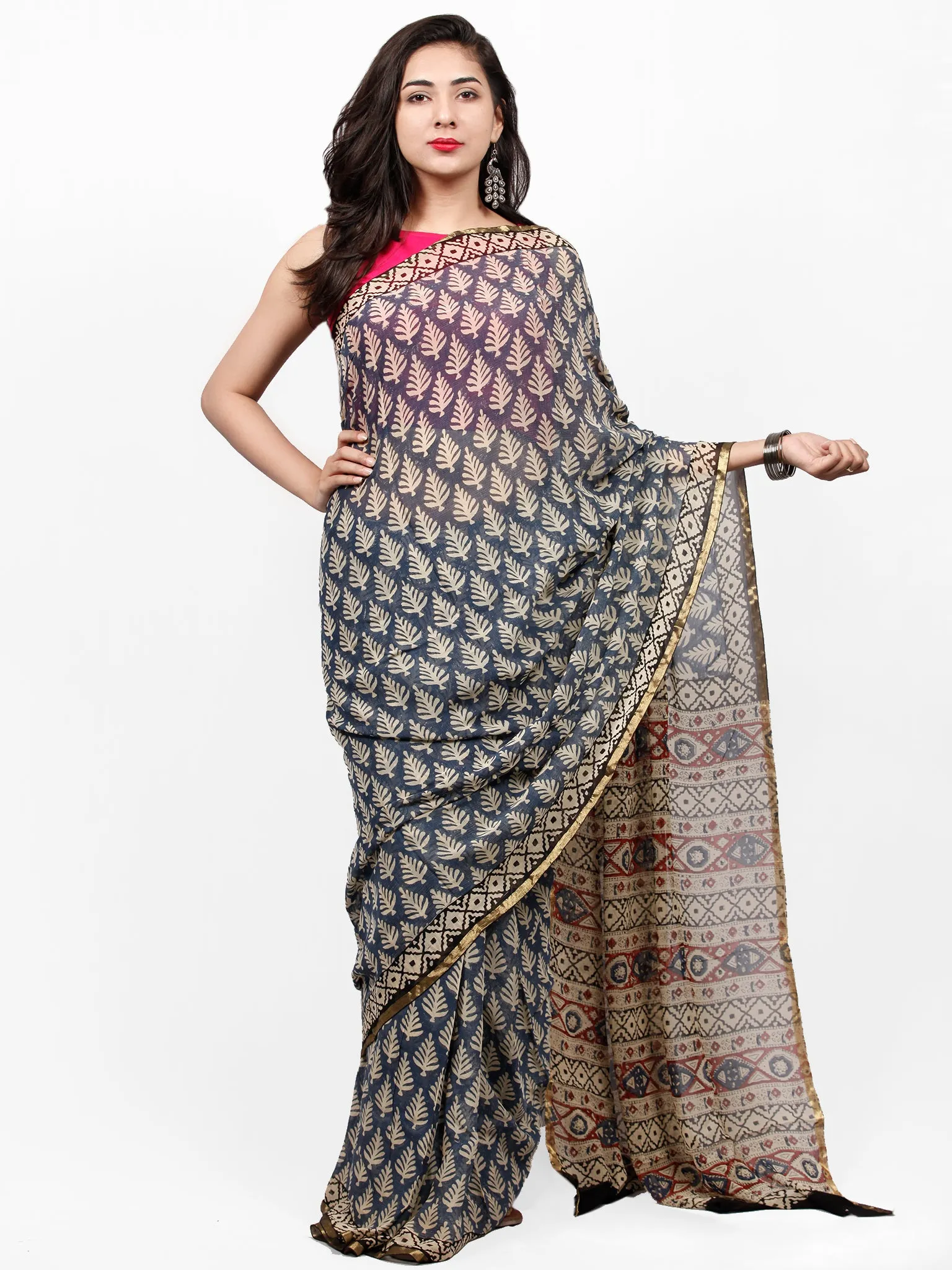 Beige Indigo Maroon Hand Block Printed Chiffon Saree with Zari Border - S031703260