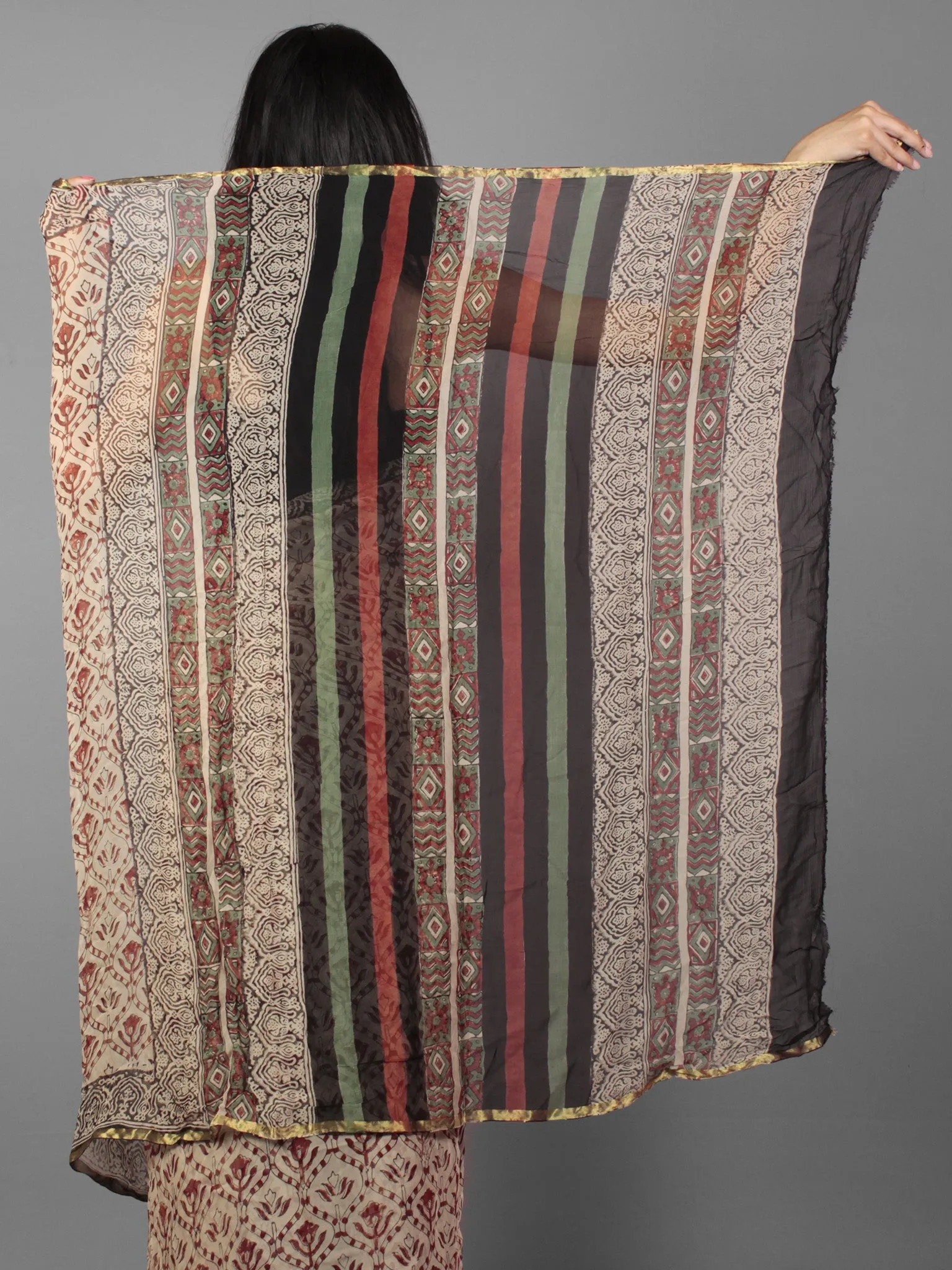 Beige Rust Black Maroon Hand Block Printed Chiffon Saree - S031701886