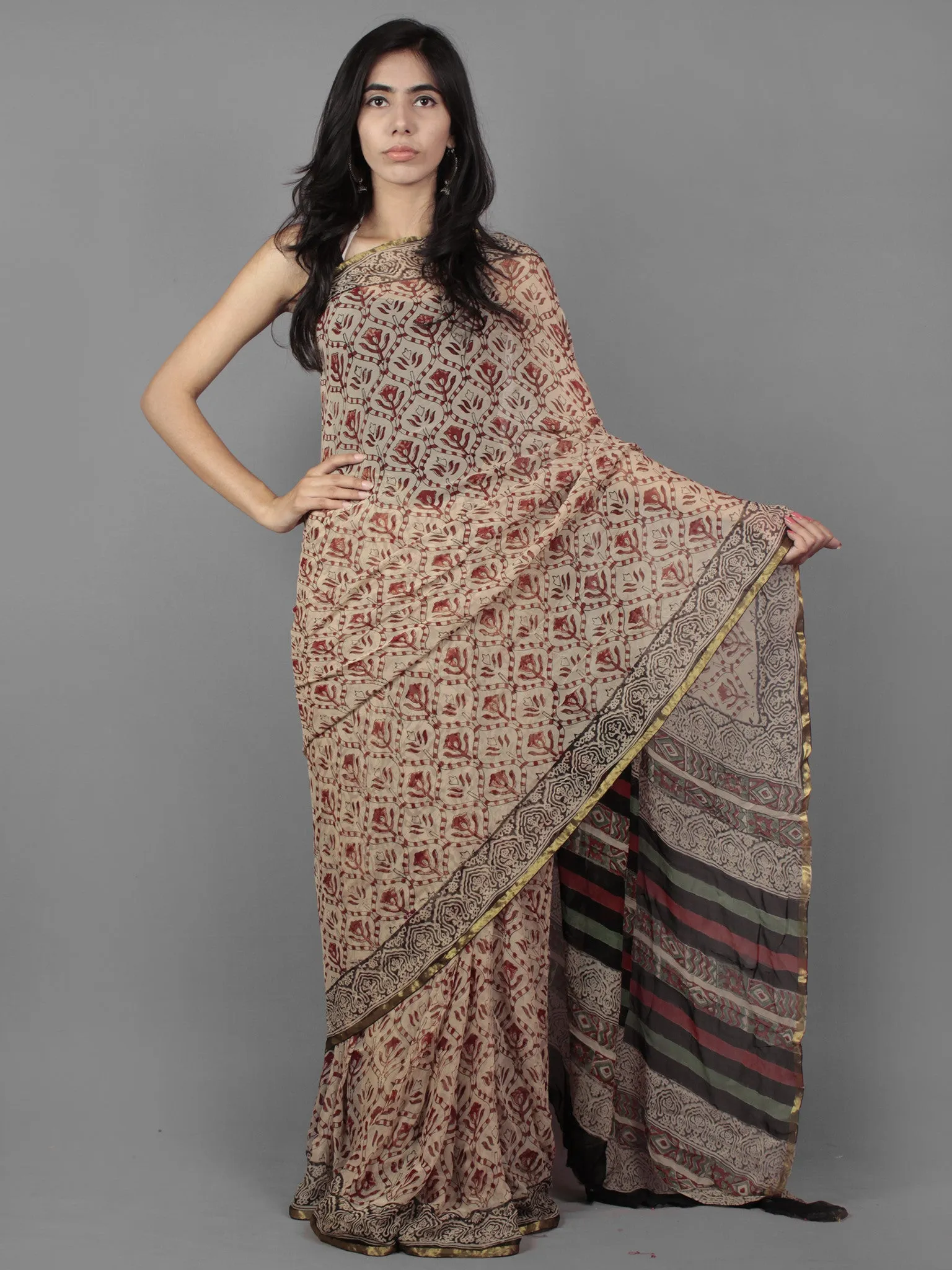 Beige Rust Black Maroon Hand Block Printed Chiffon Saree - S031701886