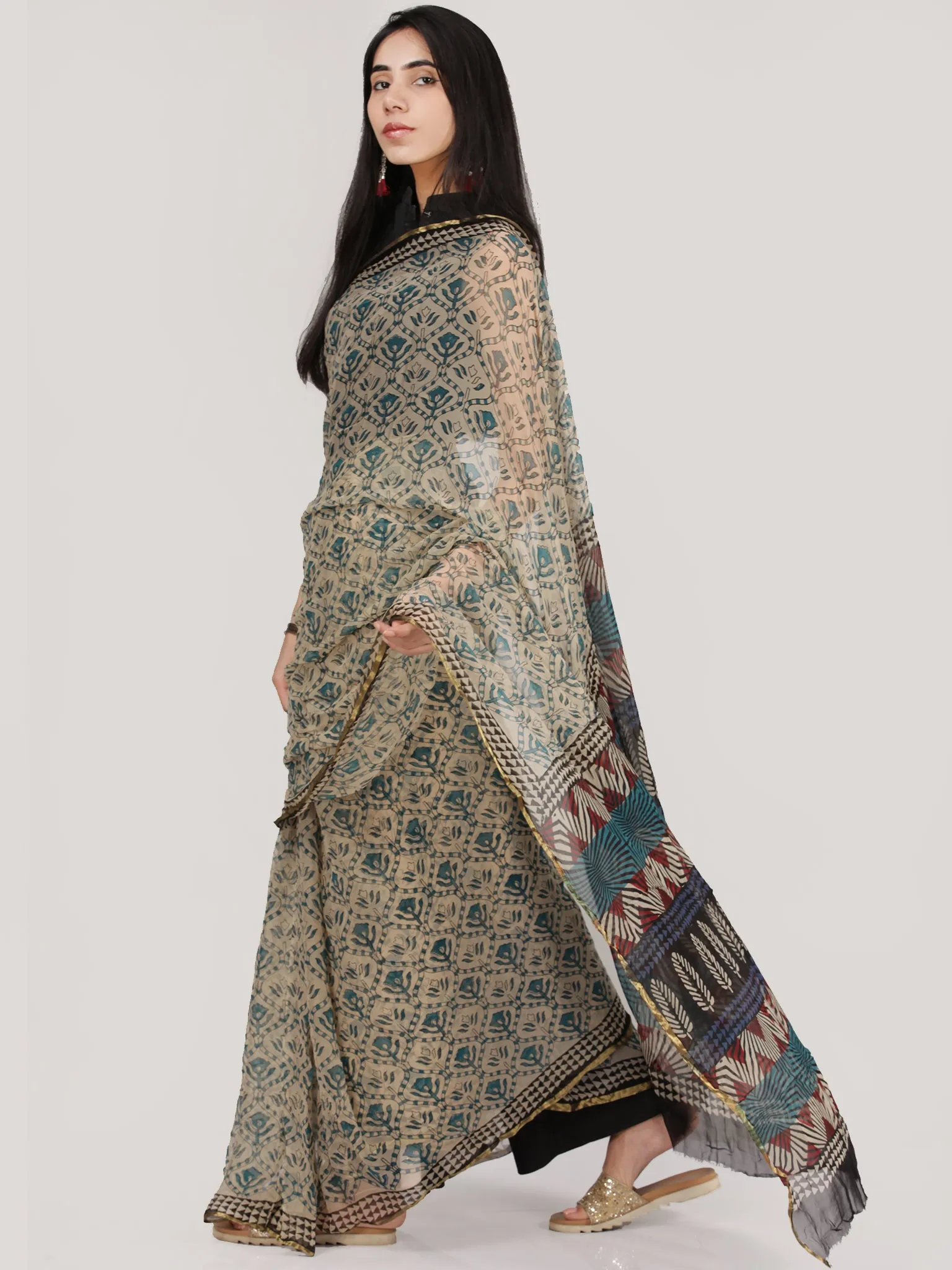 Beige Teal Blue Hand Block Printed Chiffon Saree With Zari Border - S031704690