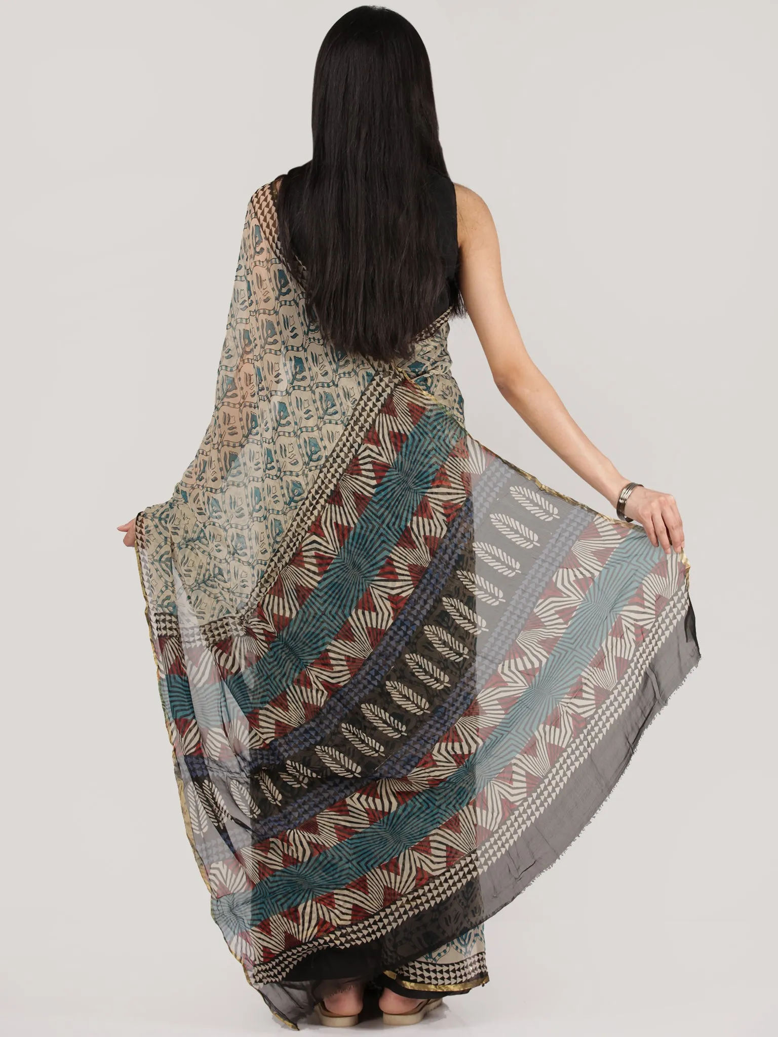 Beige Teal Blue Hand Block Printed Chiffon Saree With Zari Border - S031704690