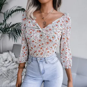 BerriesJam - 2024 V Neck Knotted Floral Chiffon Long Sleeve Blouse