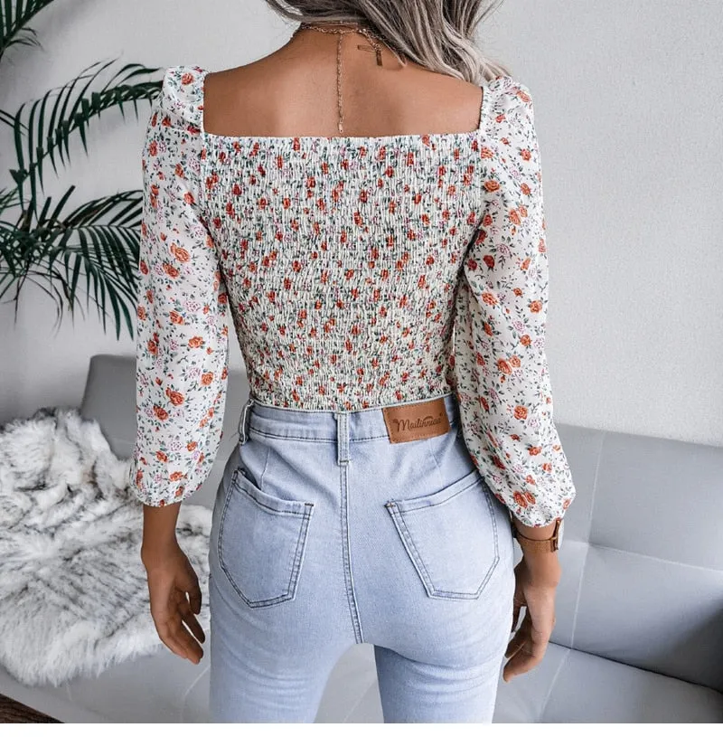 BerriesJam - 2024 V Neck Knotted Floral Chiffon Long Sleeve Blouse