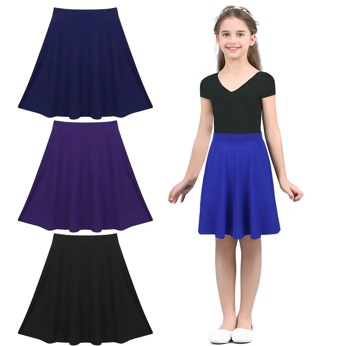 Big Girls Skater Skirt Solid Color Lightweight Stretchy Knee Length A-line Skirts Teen Kids Casual Party Costume Dance Skirt