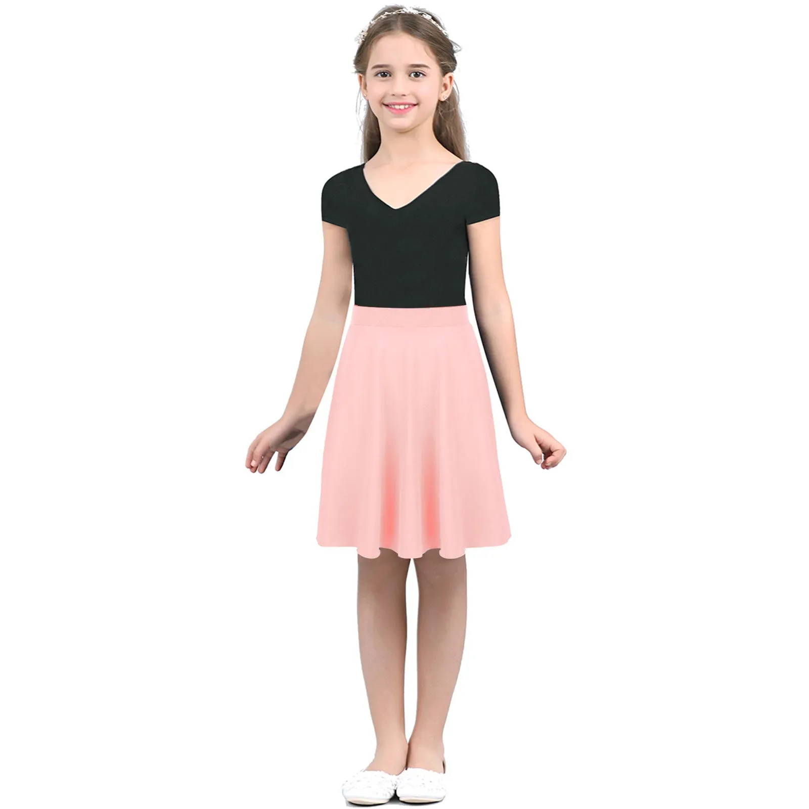 Big Girls Skater Skirt Solid Color Lightweight Stretchy Knee Length A-line Skirts Teen Kids Casual Party Costume Dance Skirt