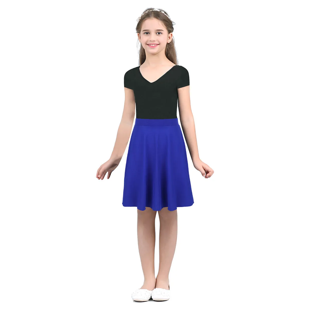 Big Girls Skater Skirt Solid Color Lightweight Stretchy Knee Length A-line Skirts Teen Kids Casual Party Costume Dance Skirt