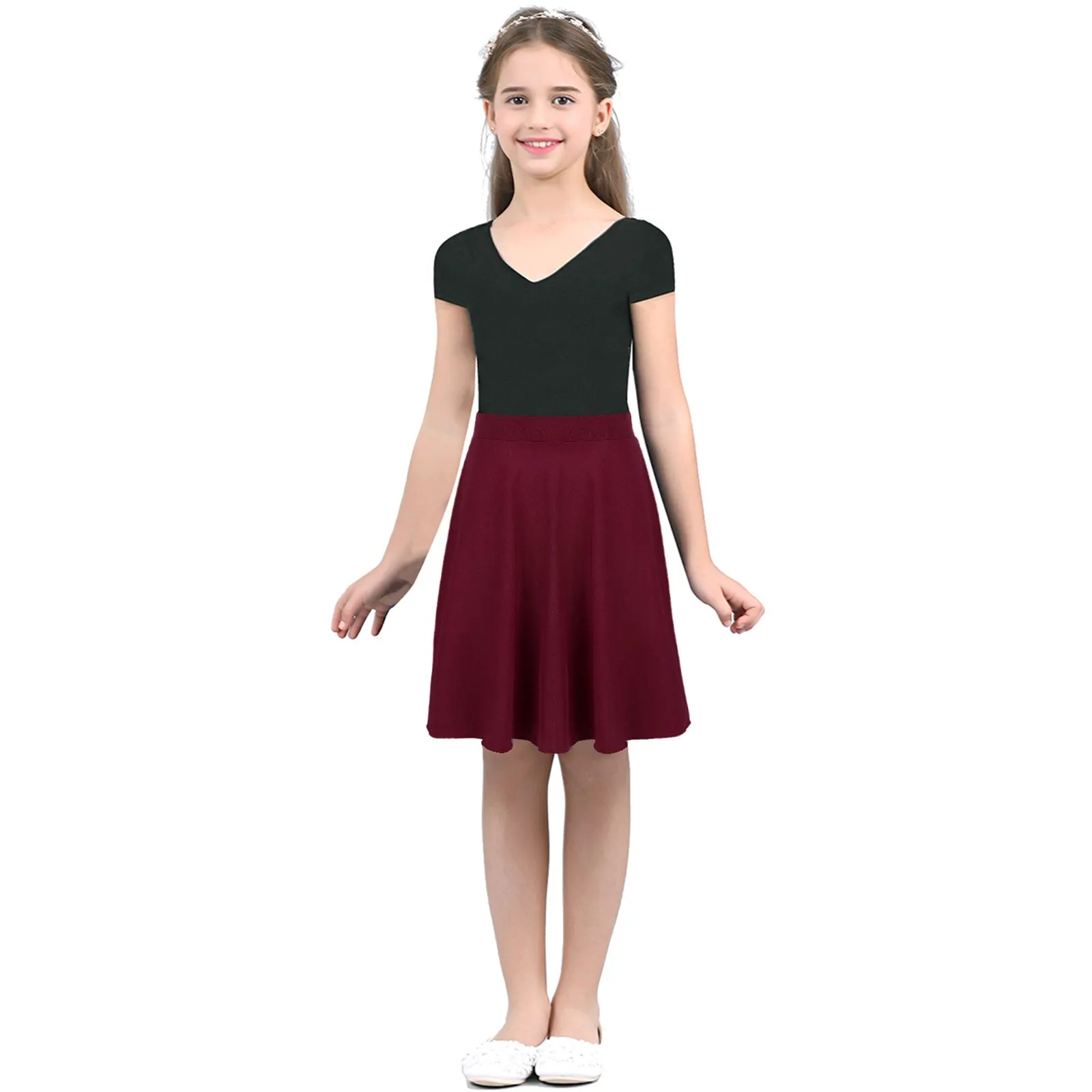 Big Girls Skater Skirt Solid Color Lightweight Stretchy Knee Length A-line Skirts Teen Kids Casual Party Costume Dance Skirt