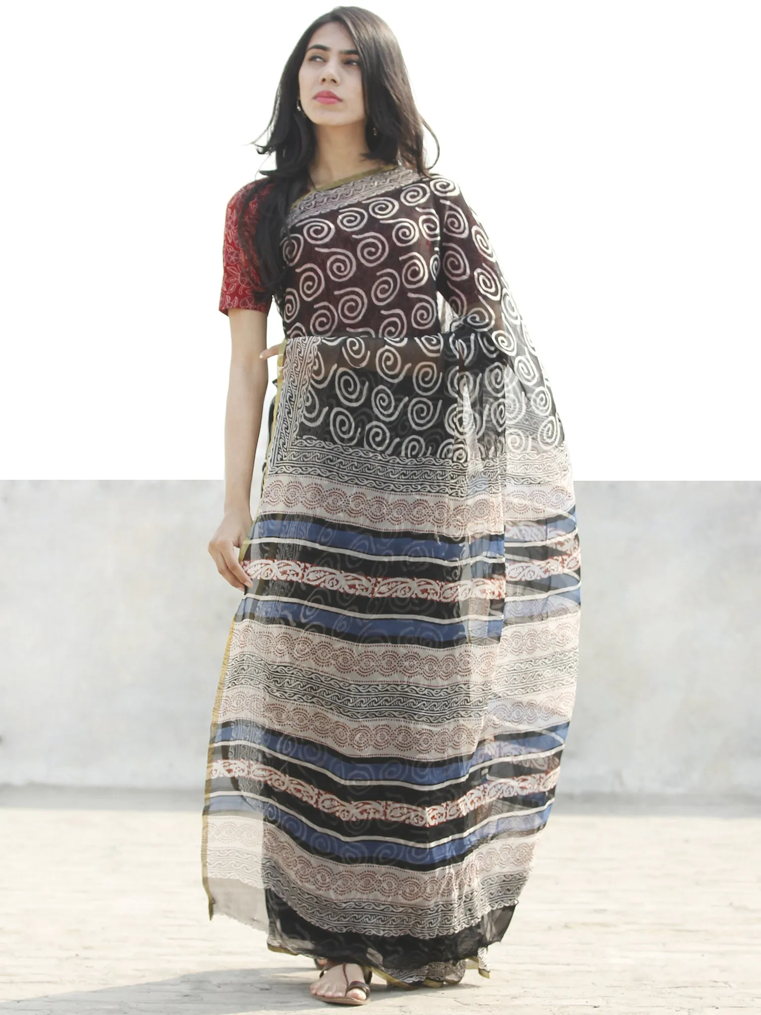 Black & White Hand Block Printed Chiffon Saree with zari border- S031702666