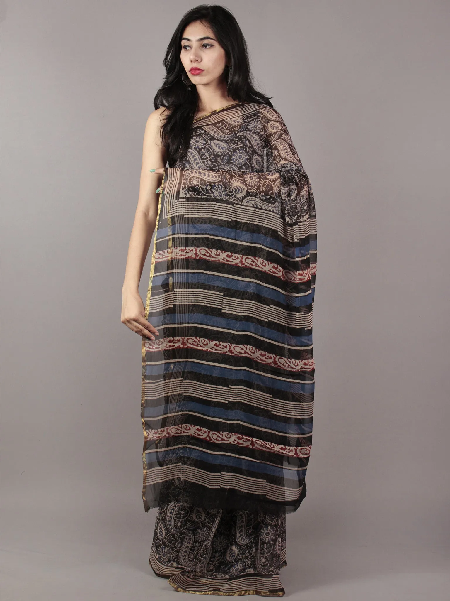 Black Beige Indigo Hand Block Printed Chiffon Saree - S031701807