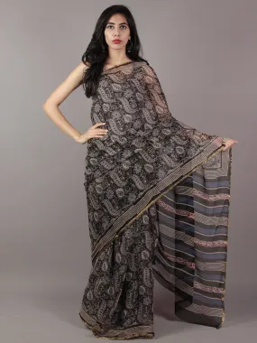 Black Beige Indigo Hand Block Printed Chiffon Saree - S031701807