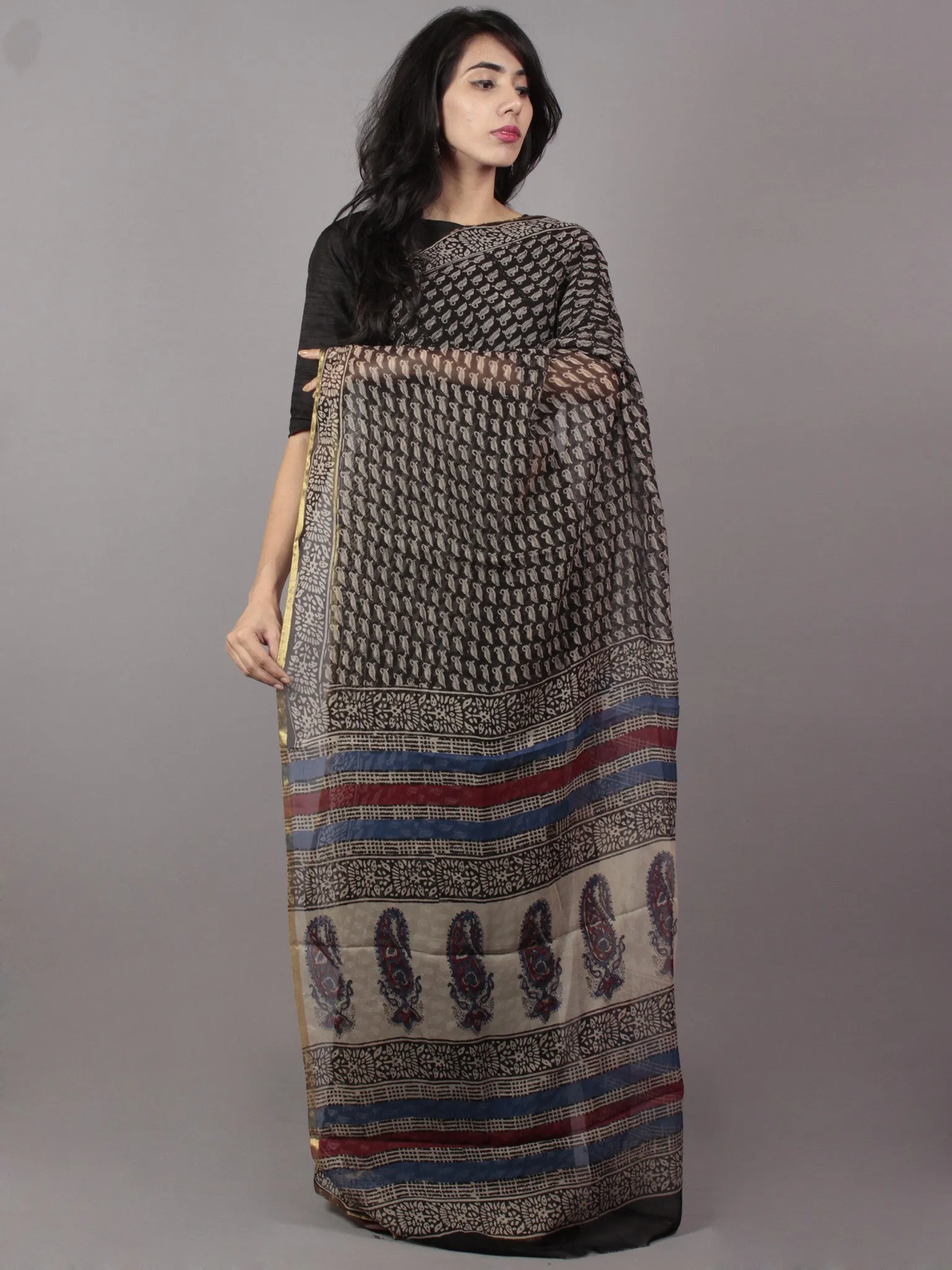 Black Beige Maroon Blue Hand Block Printed Chiffon Saree - S031701677