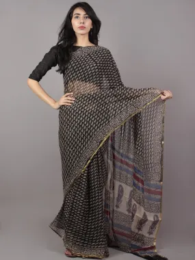 Black Beige Maroon Blue Hand Block Printed Chiffon Saree - S031701677