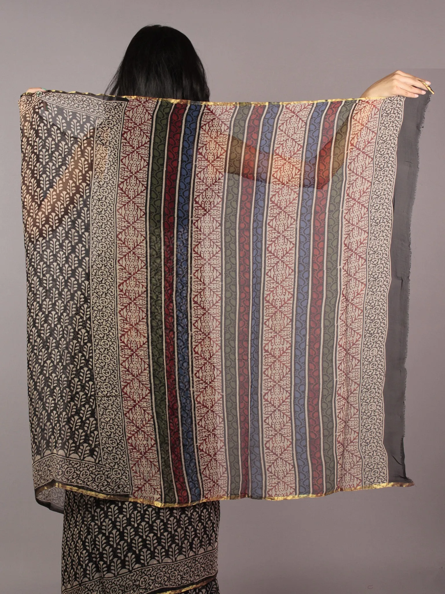 Black Beige Maroon Hand Block Printed Chiffon Saree - S031701816