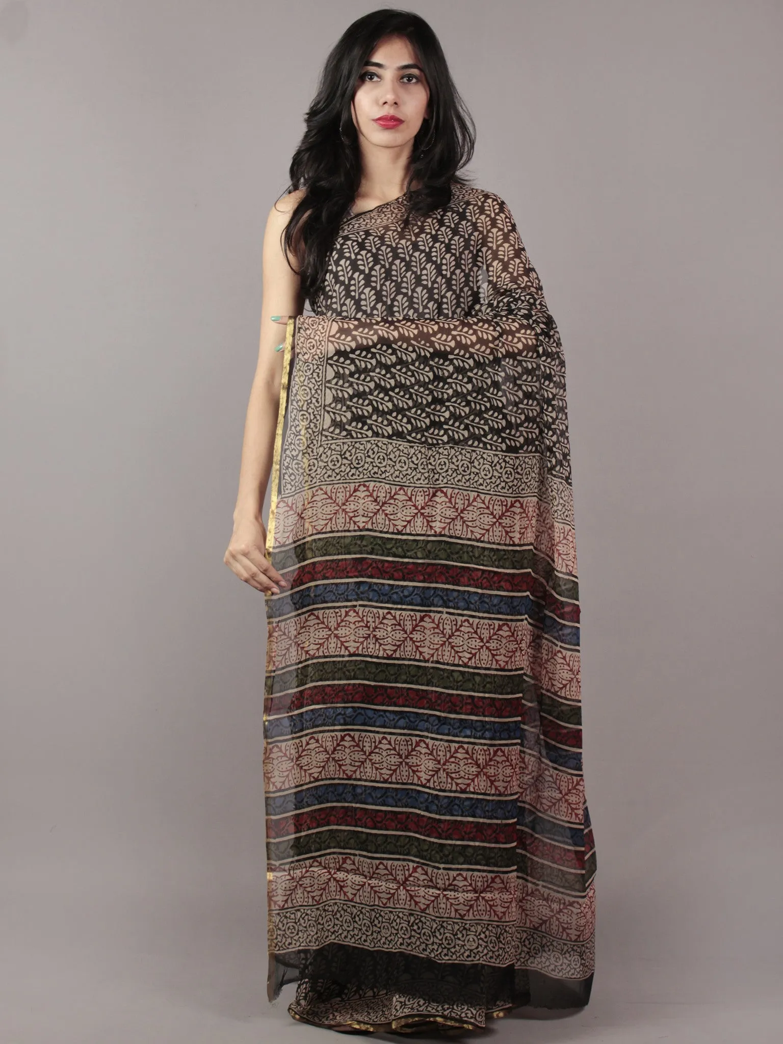 Black Beige Maroon Hand Block Printed Chiffon Saree - S031701816