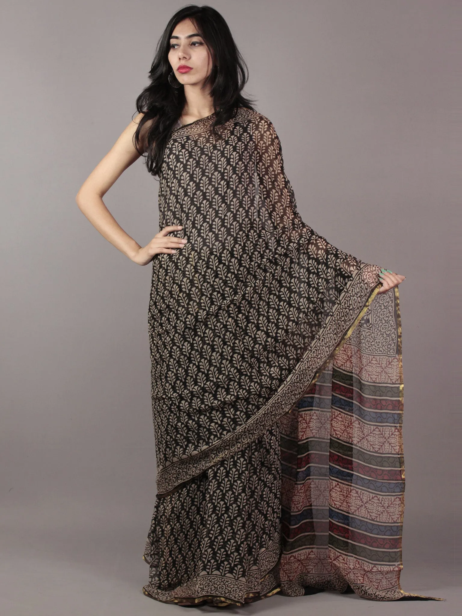 Black Beige Maroon Hand Block Printed Chiffon Saree - S031701816