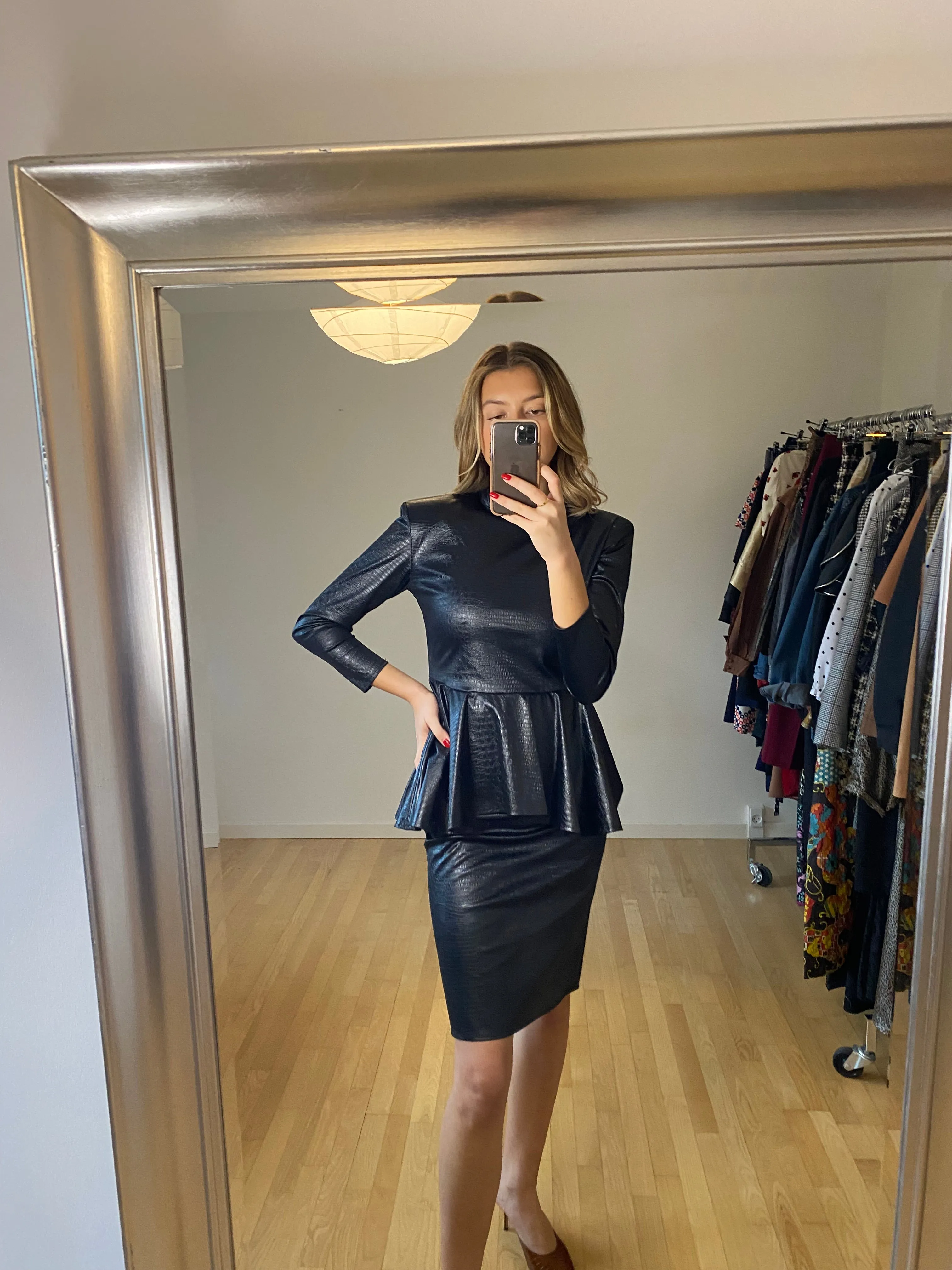 Black Faux Leather Peplum 80s Dress