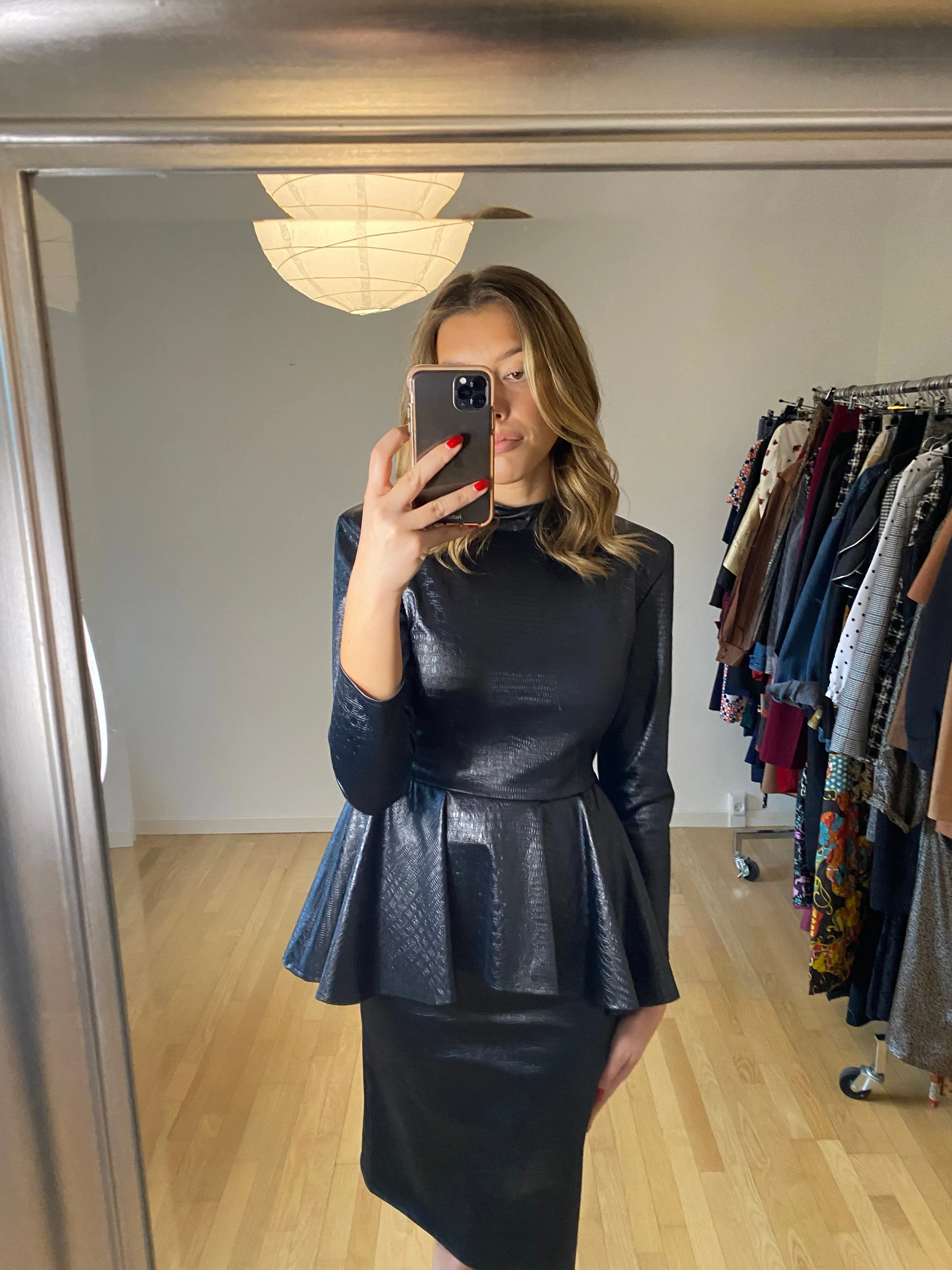 Black Faux Leather Peplum 80s Dress