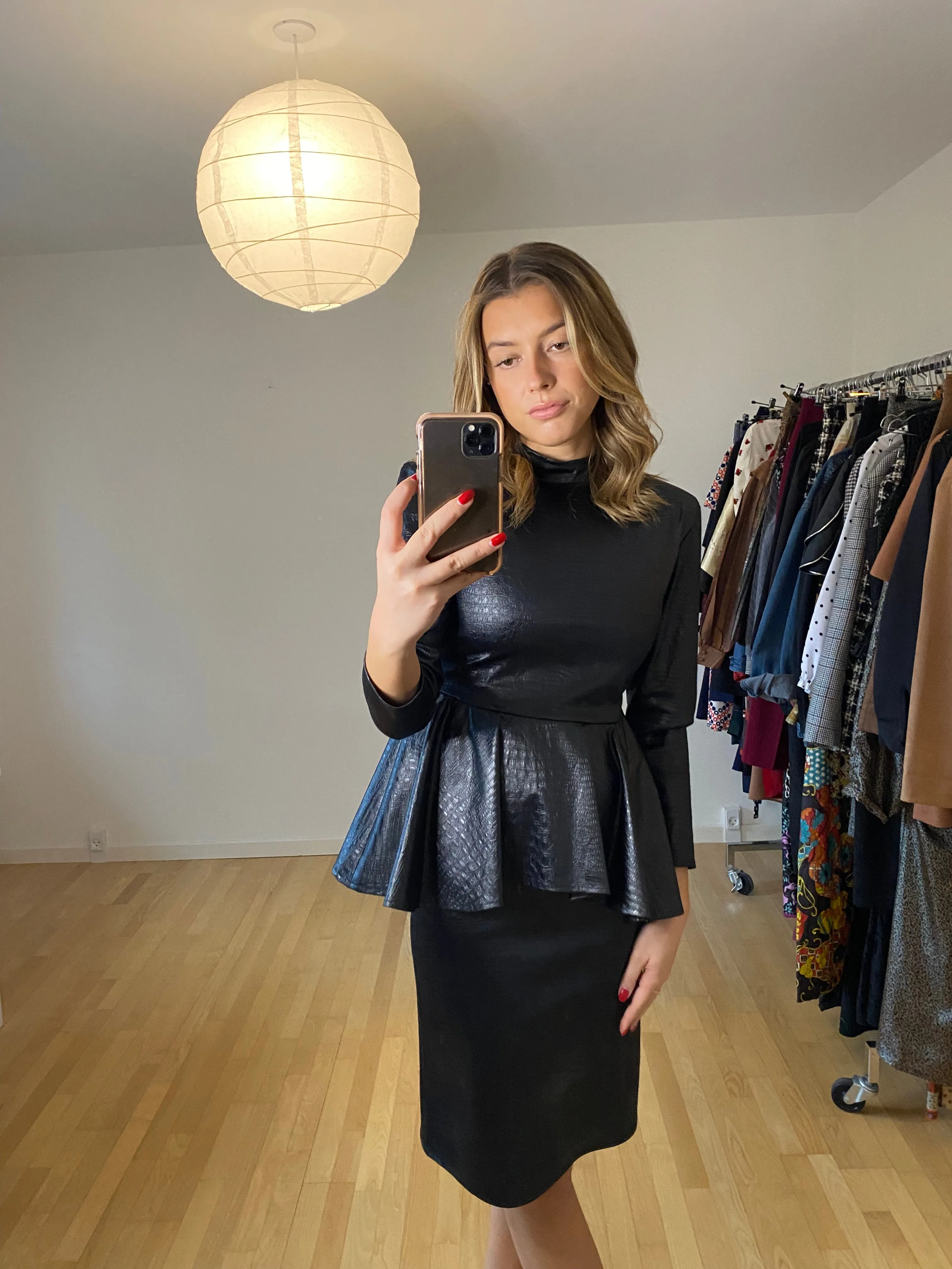 Black Faux Leather Peplum 80s Dress