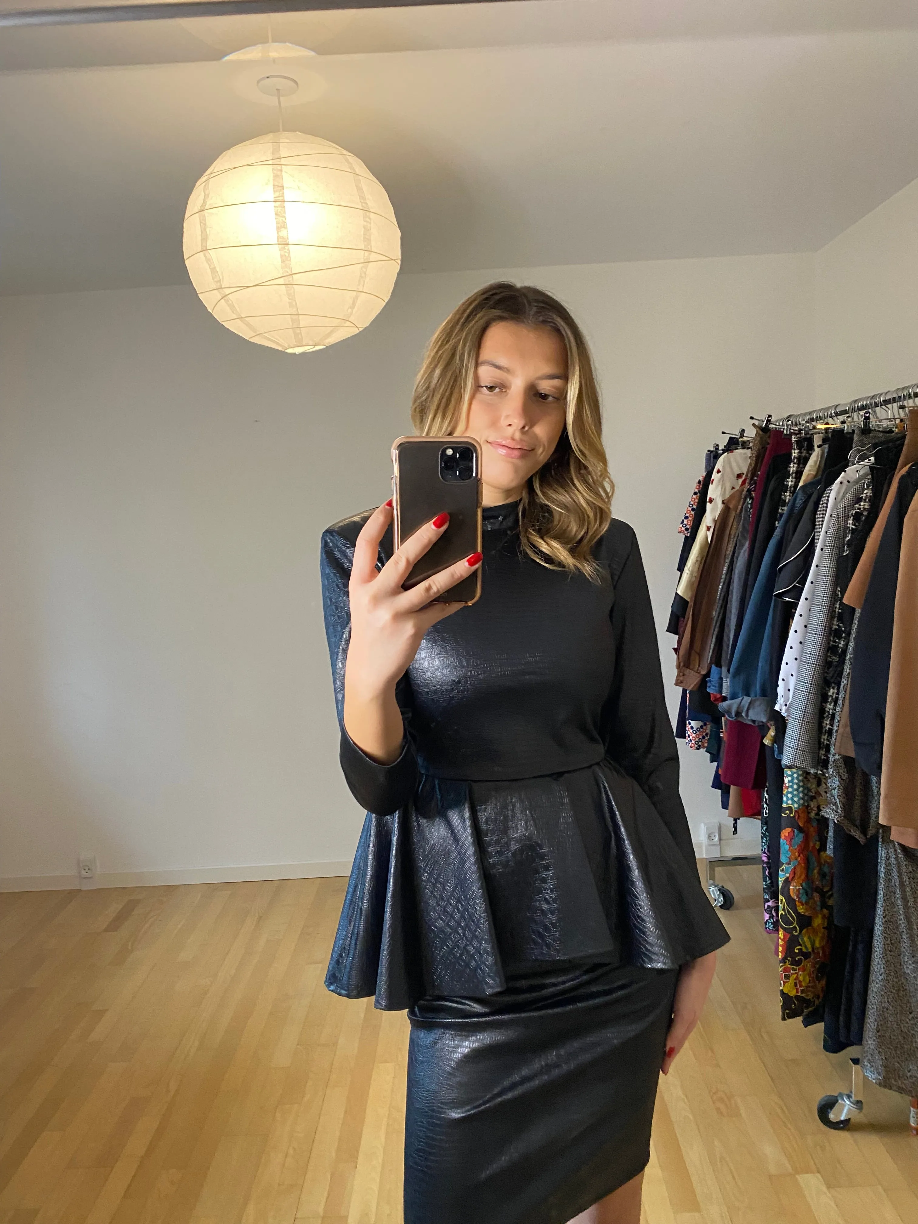 Black Faux Leather Peplum 80s Dress