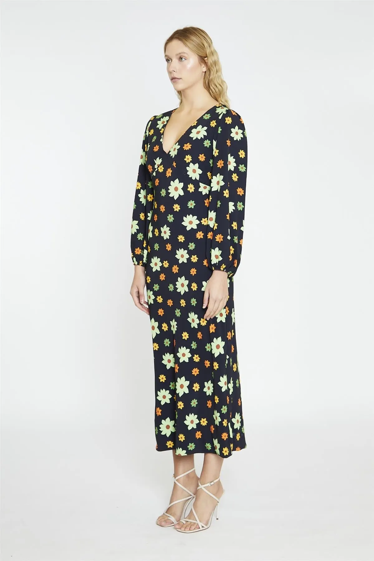 Black-Green Flower V-Neck Maxi-Dress