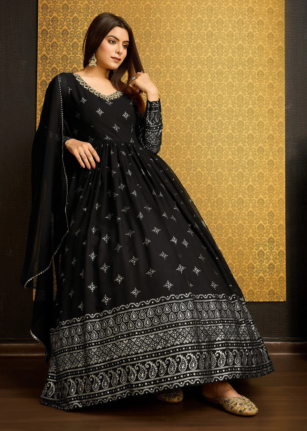 Black Metalic Foil Work Embroidered Wedding Wear Gown