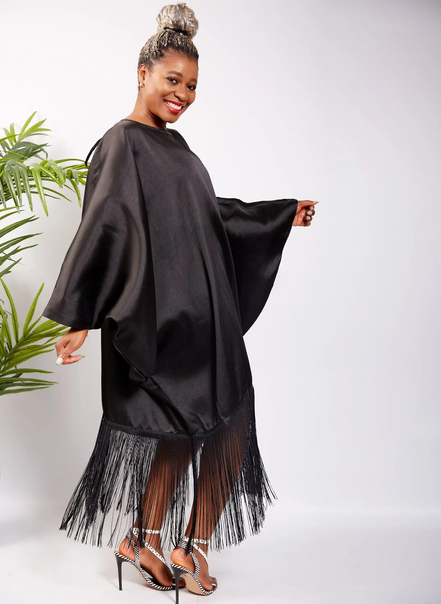 Black Micado Kaftan Boubou Fringe Dress - Ella