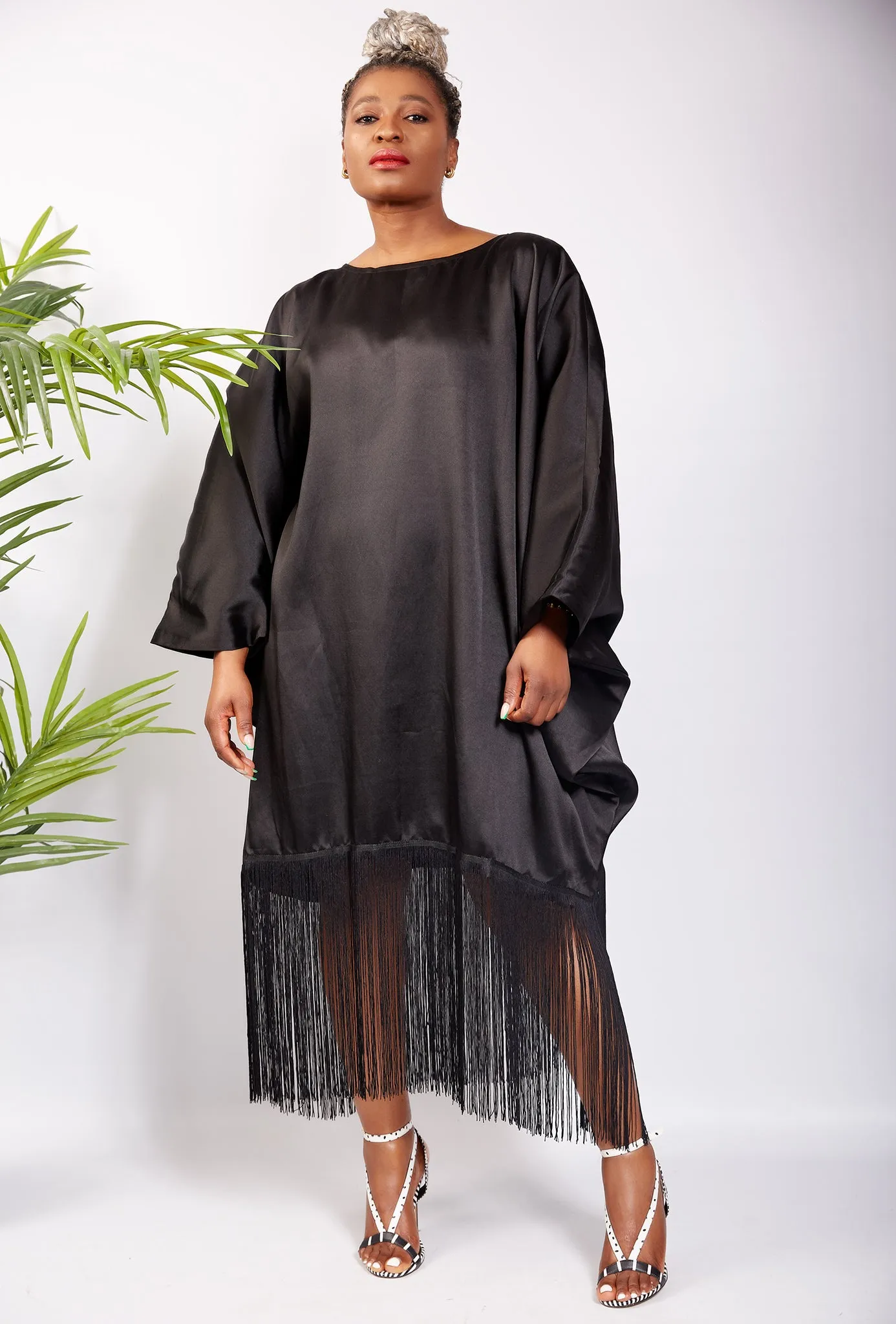 Black Micado Kaftan Boubou Fringe Dress - Ella