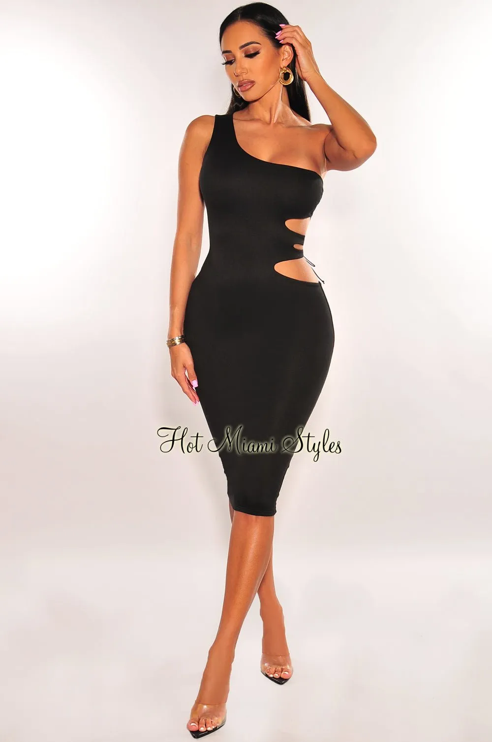 Black One Shoulder Cut Out Lace Up Back Midi Dress