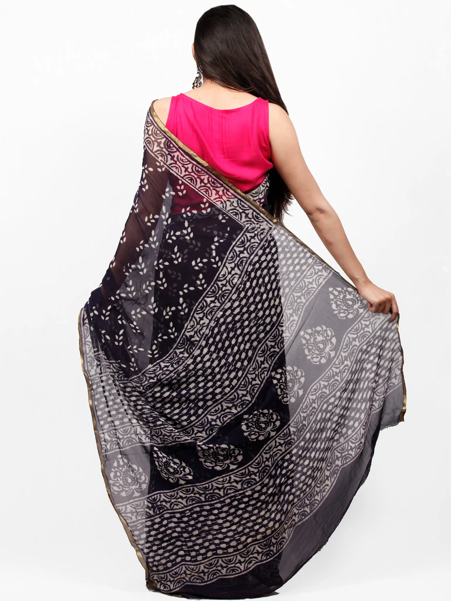 Black White Hand Block Printed Chiffon Saree with Zari Border - S031703261