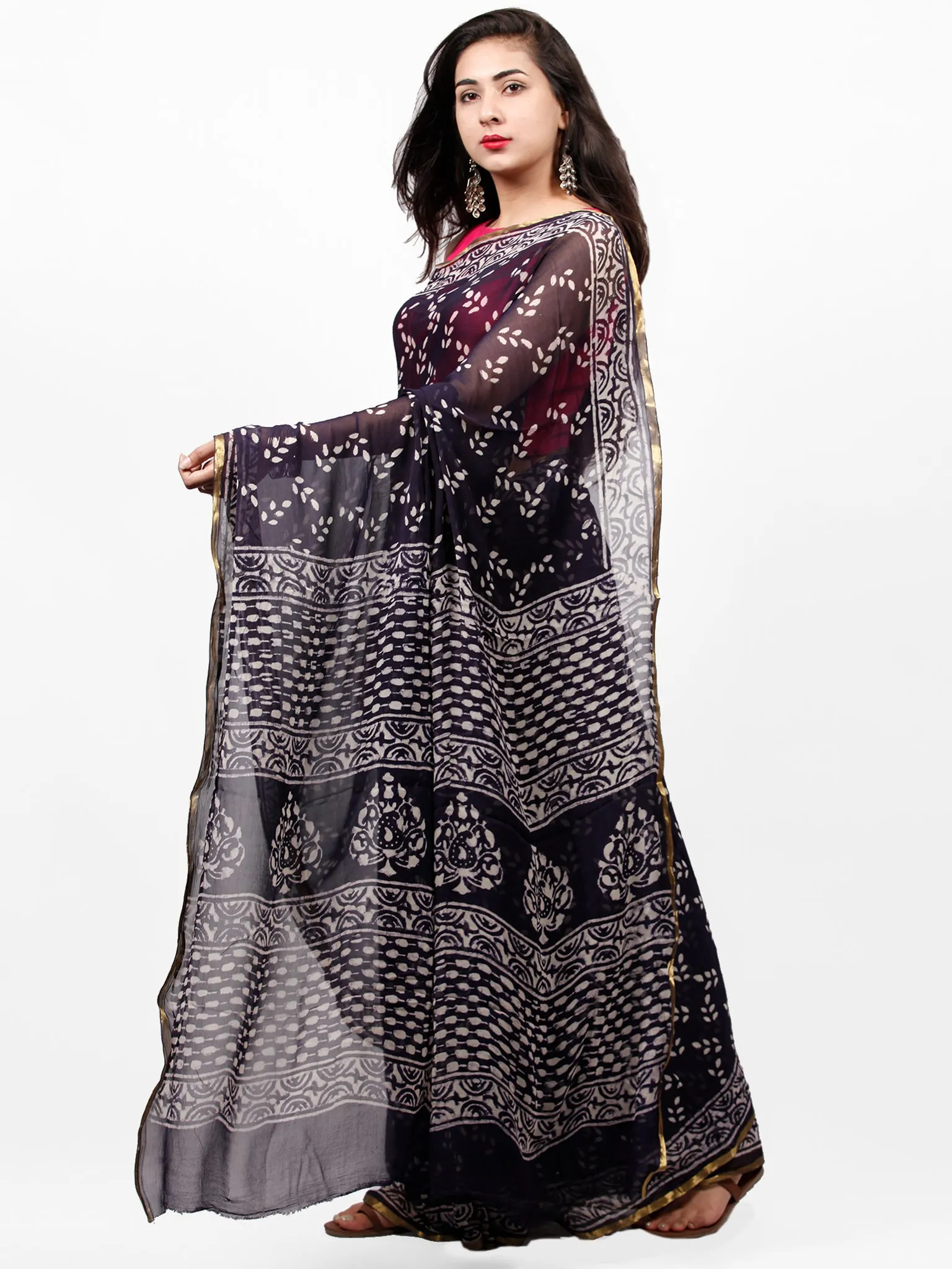 Black White Hand Block Printed Chiffon Saree with Zari Border - S031703261