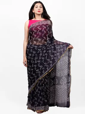 Black White Hand Block Printed Chiffon Saree with Zari Border - S031703261