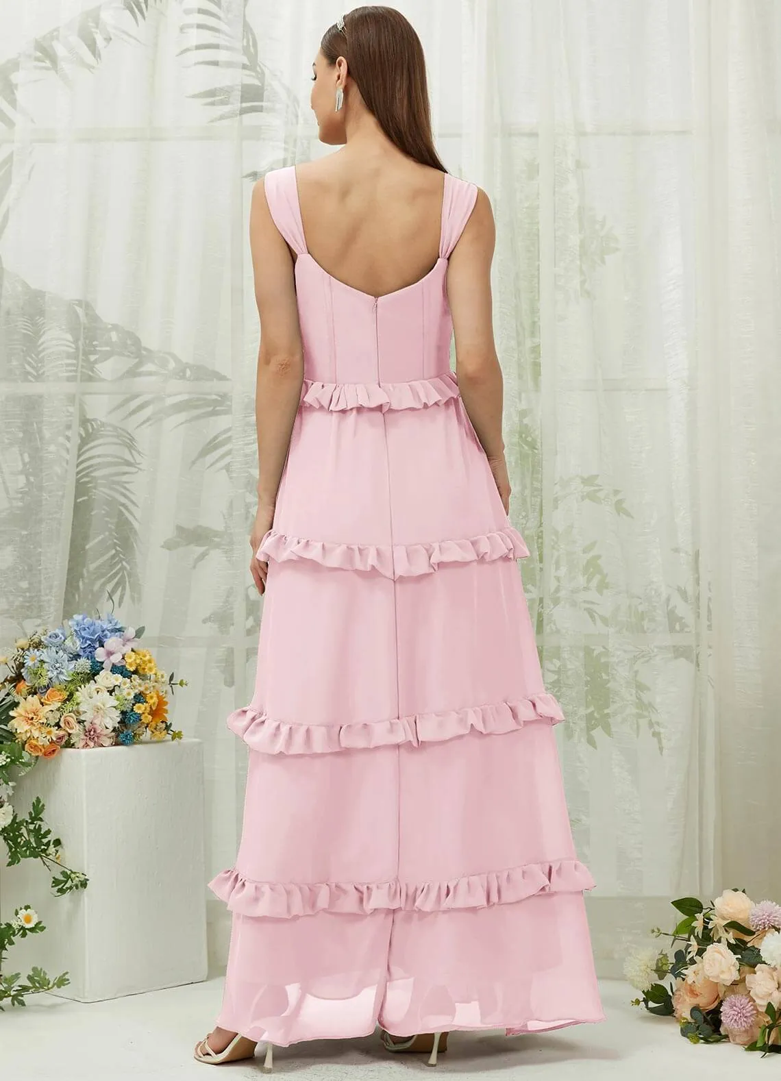 Blush Chiffon Sweetheart Straps Tiered Maxi Bridesmaid Dresses