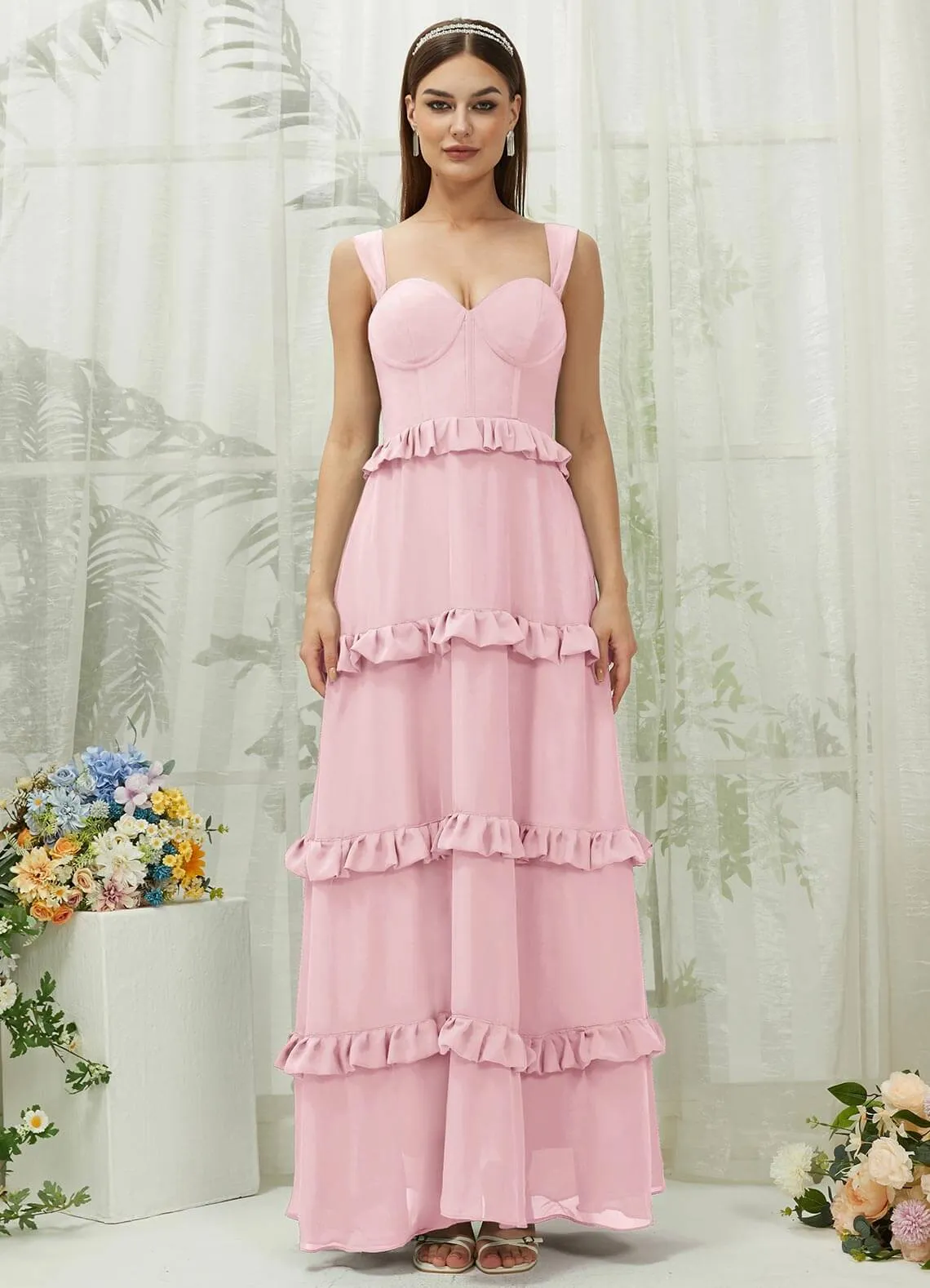 Blush Chiffon Sweetheart Straps Tiered Maxi Bridesmaid Dresses